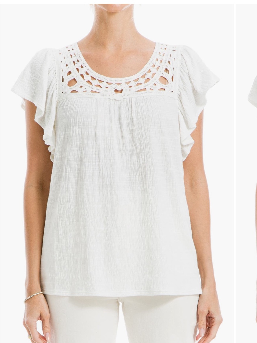 Max Studio White Crochet Yoke Flutter-Sleeve Blouse
